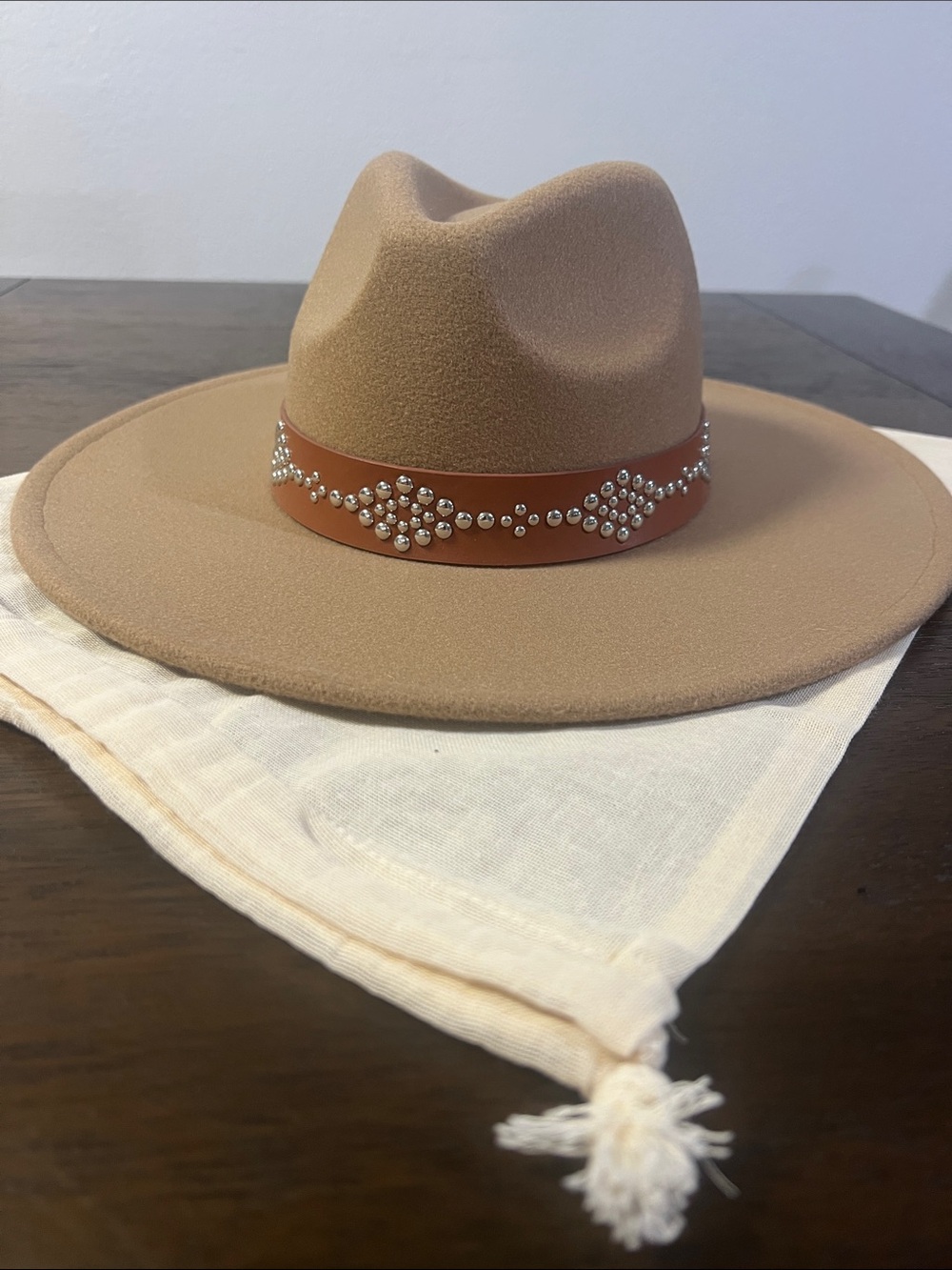 Womens Studded Beige Fedora Hat with Leather Band